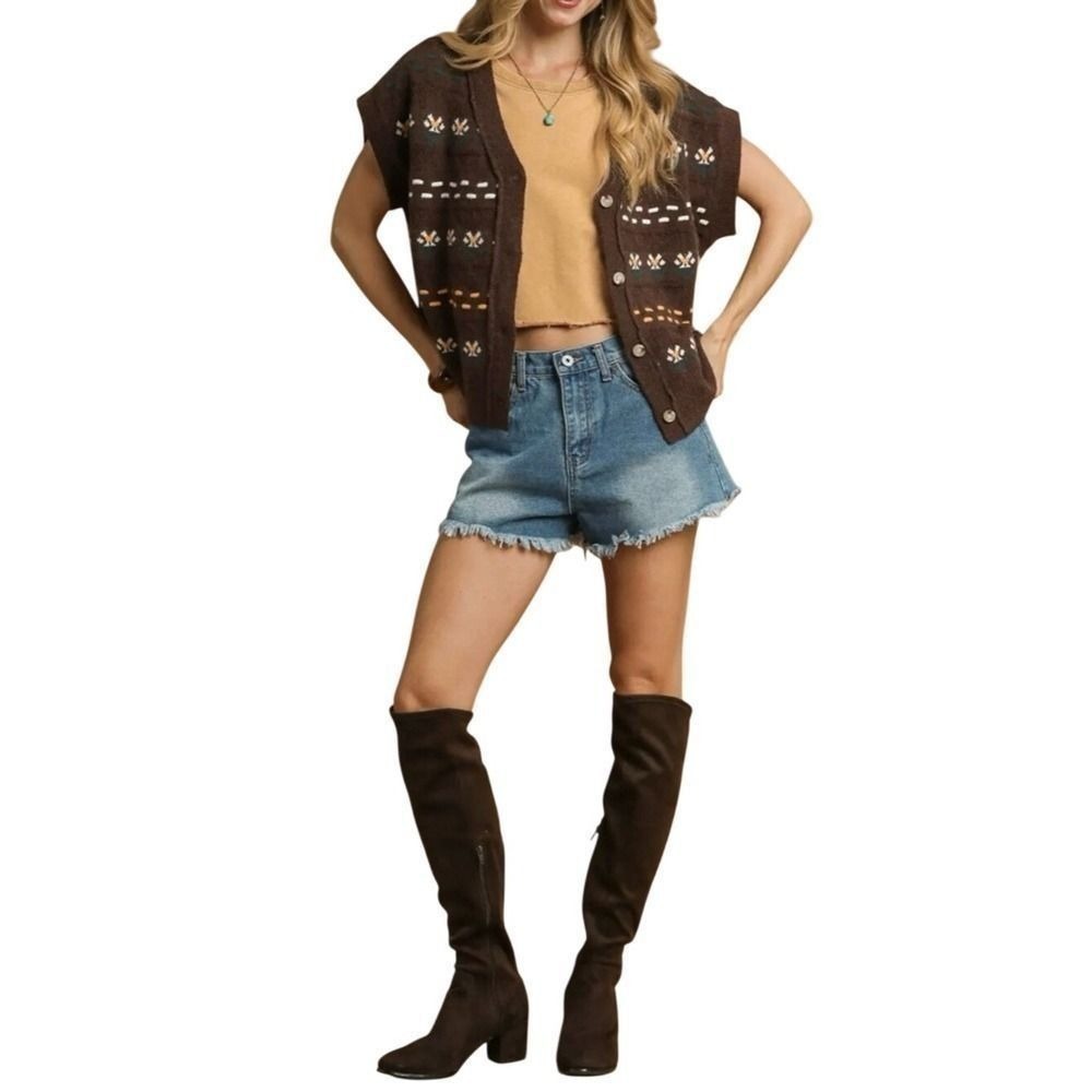Umgee Brown Short-Sleeve Oversized‎ Floral Patterned Cardigan Vest Women Medium